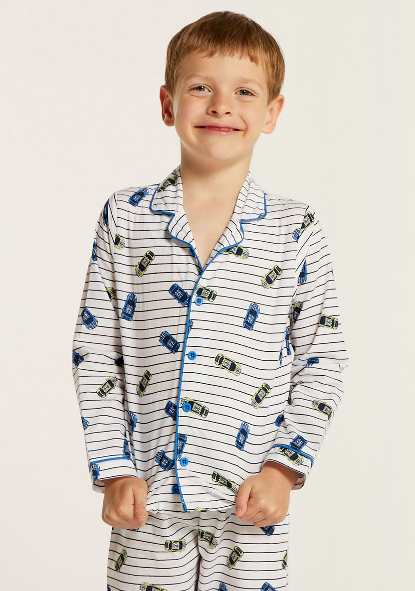 Juniors Car Print Shirt and Full Length Printed Pyjama Set-Nightwear-image-2
