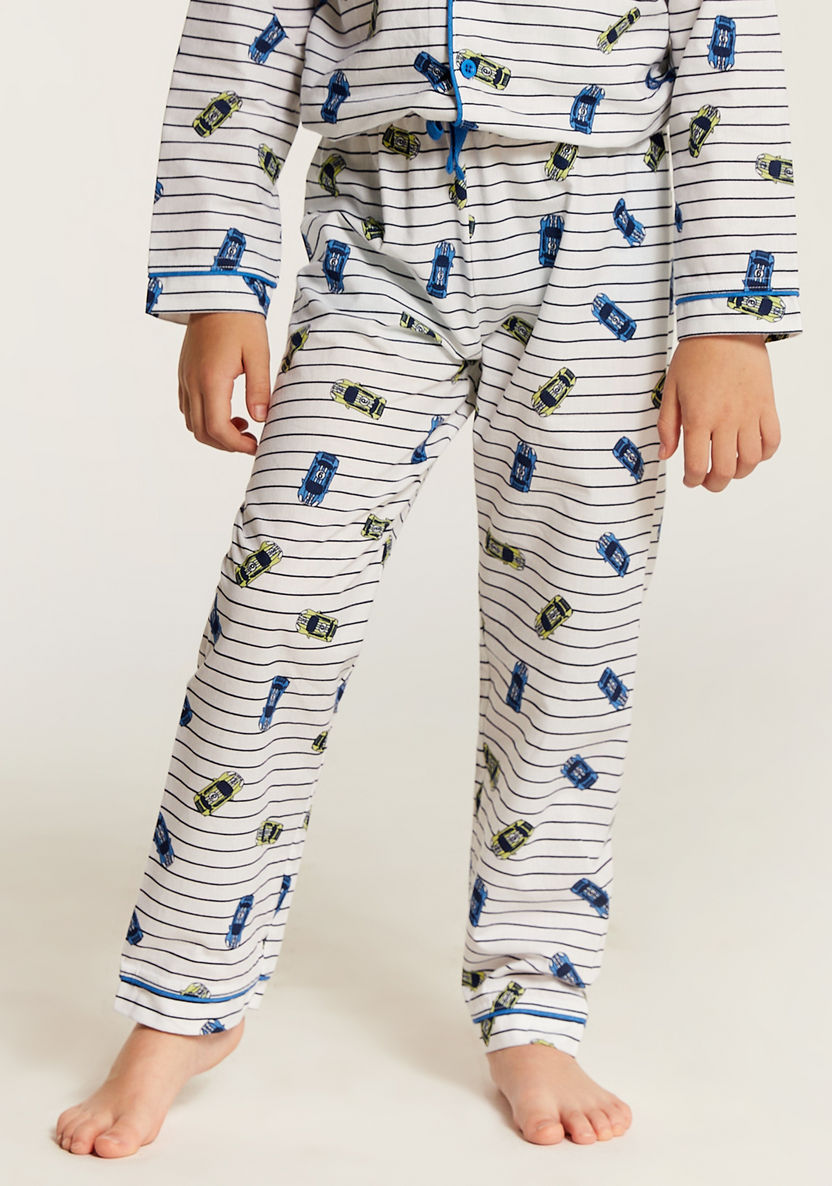 Juniors Car Print Shirt and Full Length Printed Pyjama Set-Nightwear-image-3