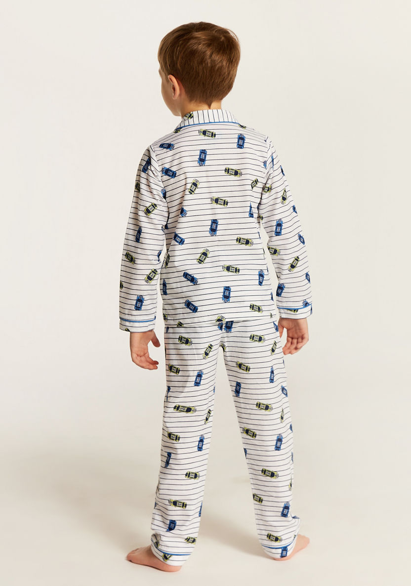 Juniors Car Print Shirt and Full Length Printed Pyjama Set-Nightwear-image-4