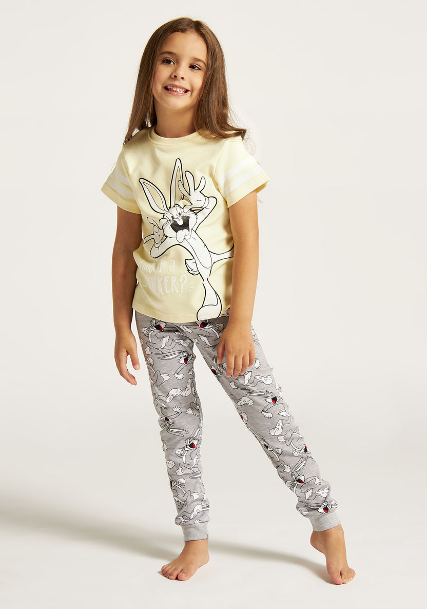 Looney Tunes Print Crew Neck T-shirt and Pyjama Set-Nightwear-image-1