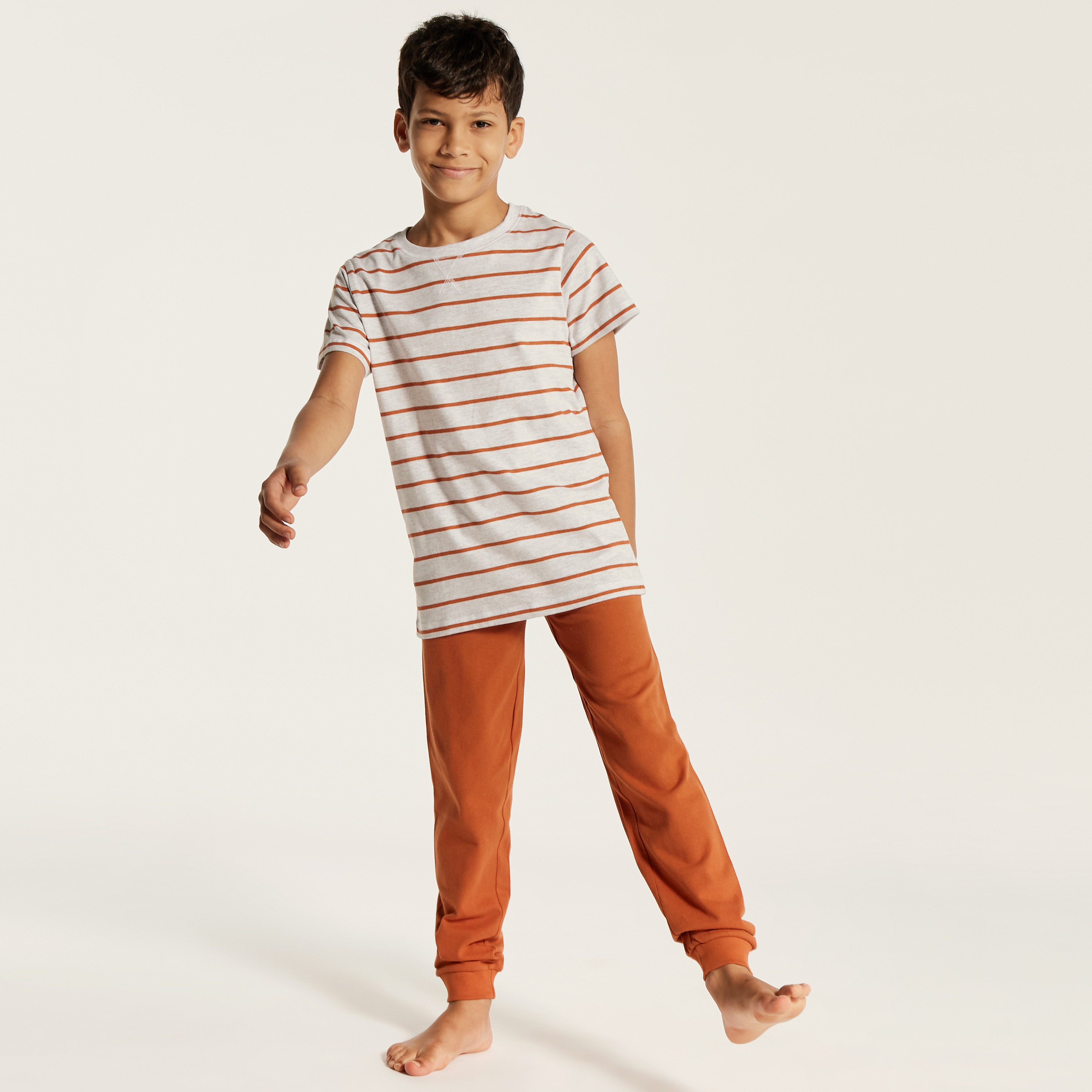 Juniors Striped Round Neck T-shirt and Full Length Pyjama Set-boys-clothing-nightwear-image-2