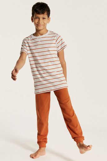Juniors Striped Round Neck T-shirt and Full Length Pyjama Set