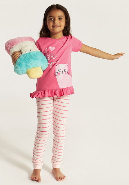 Juniors Printed Round Neck Top and Full Length Striped Pyjama Set-Pyjama Sets-image-0