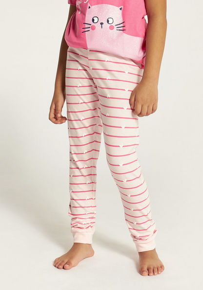 Juniors Printed Round Neck Top and Full Length Striped Pyjama Set-Pyjama Sets-image-2