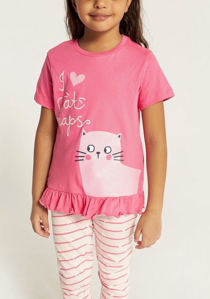 Juniors Printed Round Neck Top and Full Length Striped Pyjama Set-Pyjama Sets-image-3