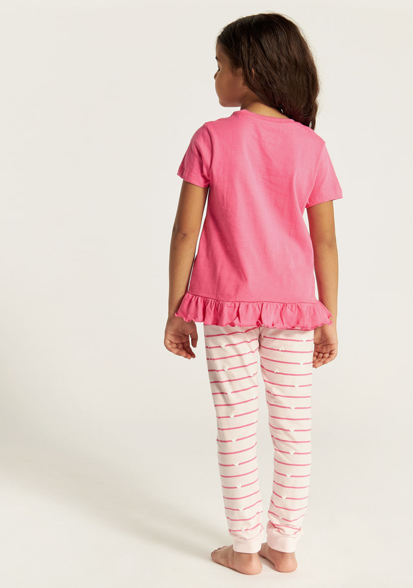 Juniors Printed Round Neck Top and Full Length Striped Pyjama Set-Pyjama Sets-image-4