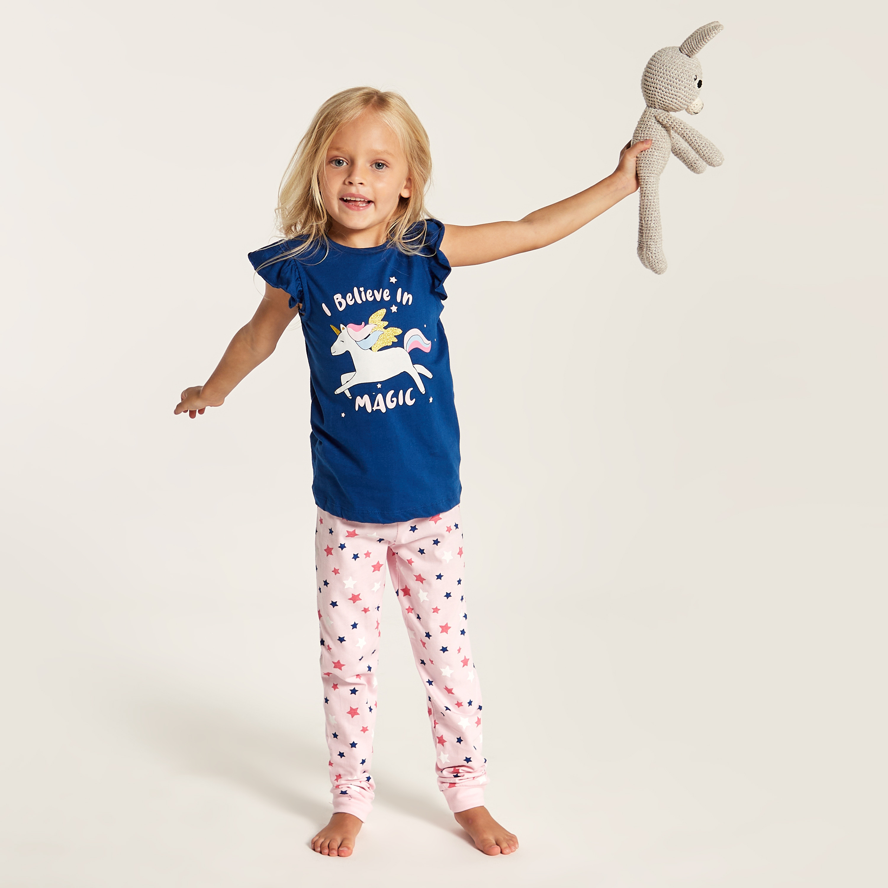 Juniors Unicorn Glitter Print Round Neck T-shirt and Pyjama Set-girls-clothing-nightwear-image-1
