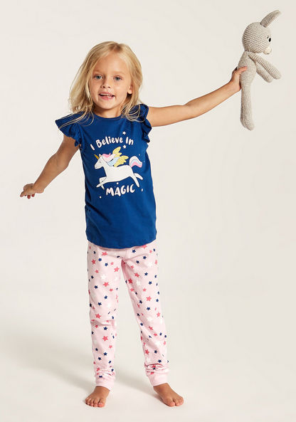 Juniors Unicorn Glitter Print Round Neck T-shirt and Pyjama Set-Nightwear-image-0