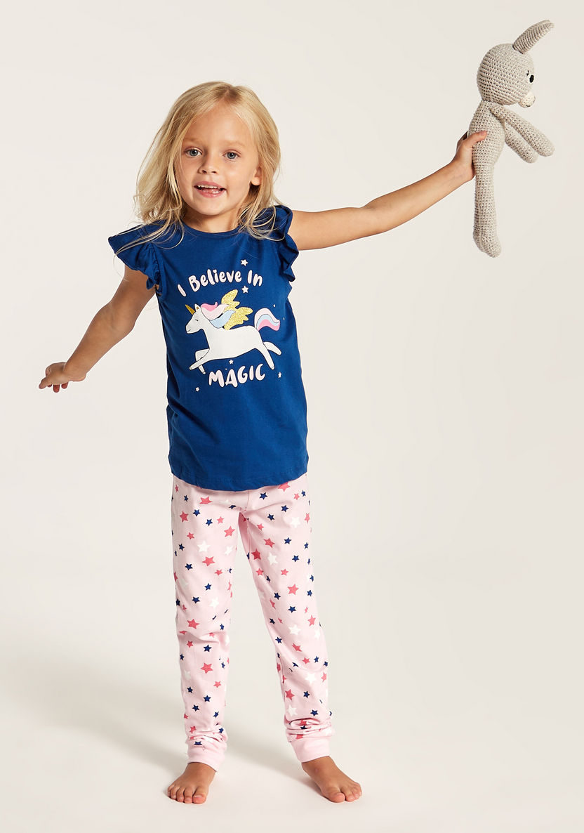 Juniors Unicorn Glitter Print Round Neck T-shirt and Pyjama Set-Nightwear-image-0