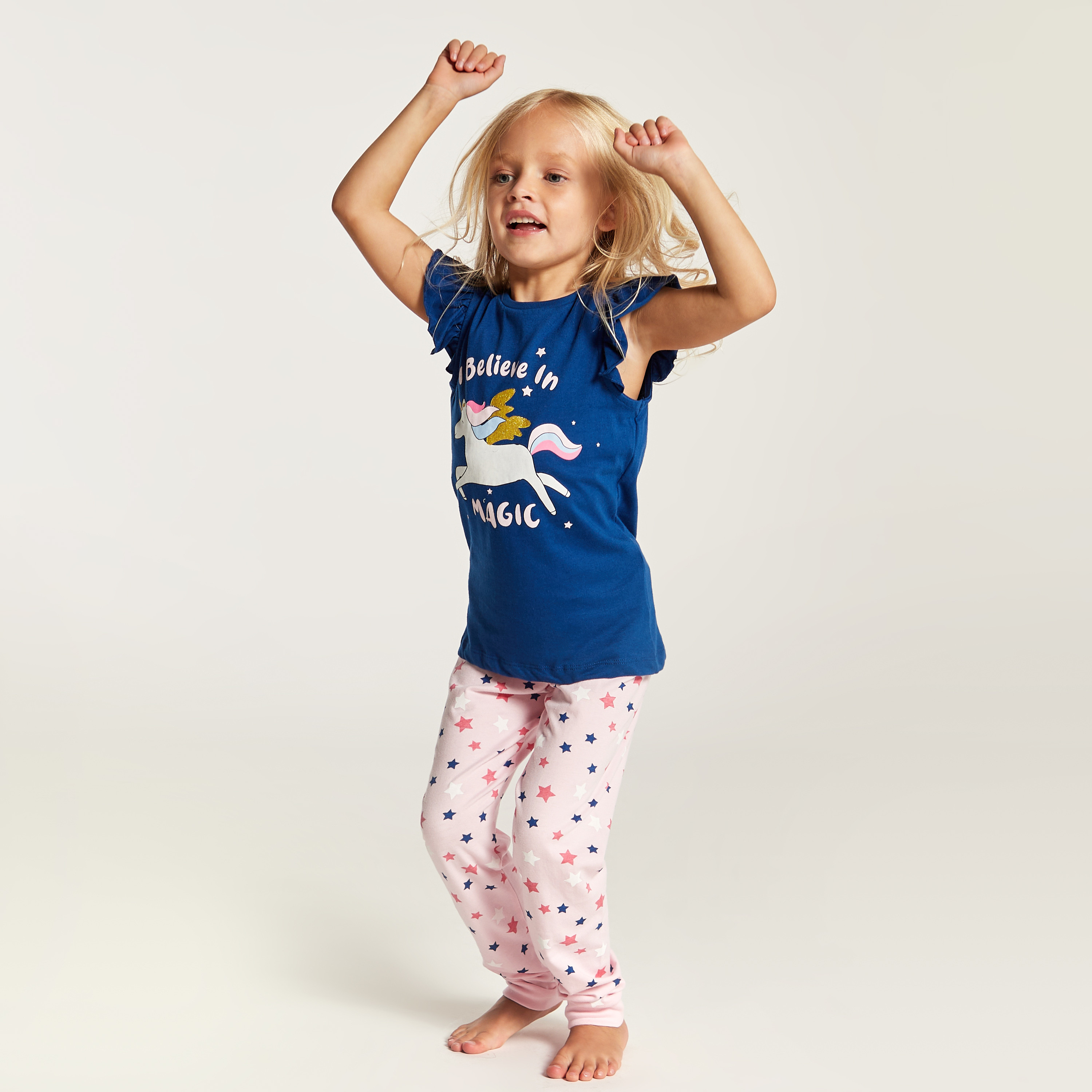 Juniors Unicorn Glitter Print Round Neck T-shirt and Pyjama Set-girls-clothing-nightwear-image-2