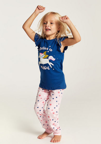 Juniors Unicorn Glitter Print Round Neck T-shirt and Pyjama Set-Nightwear-image-1