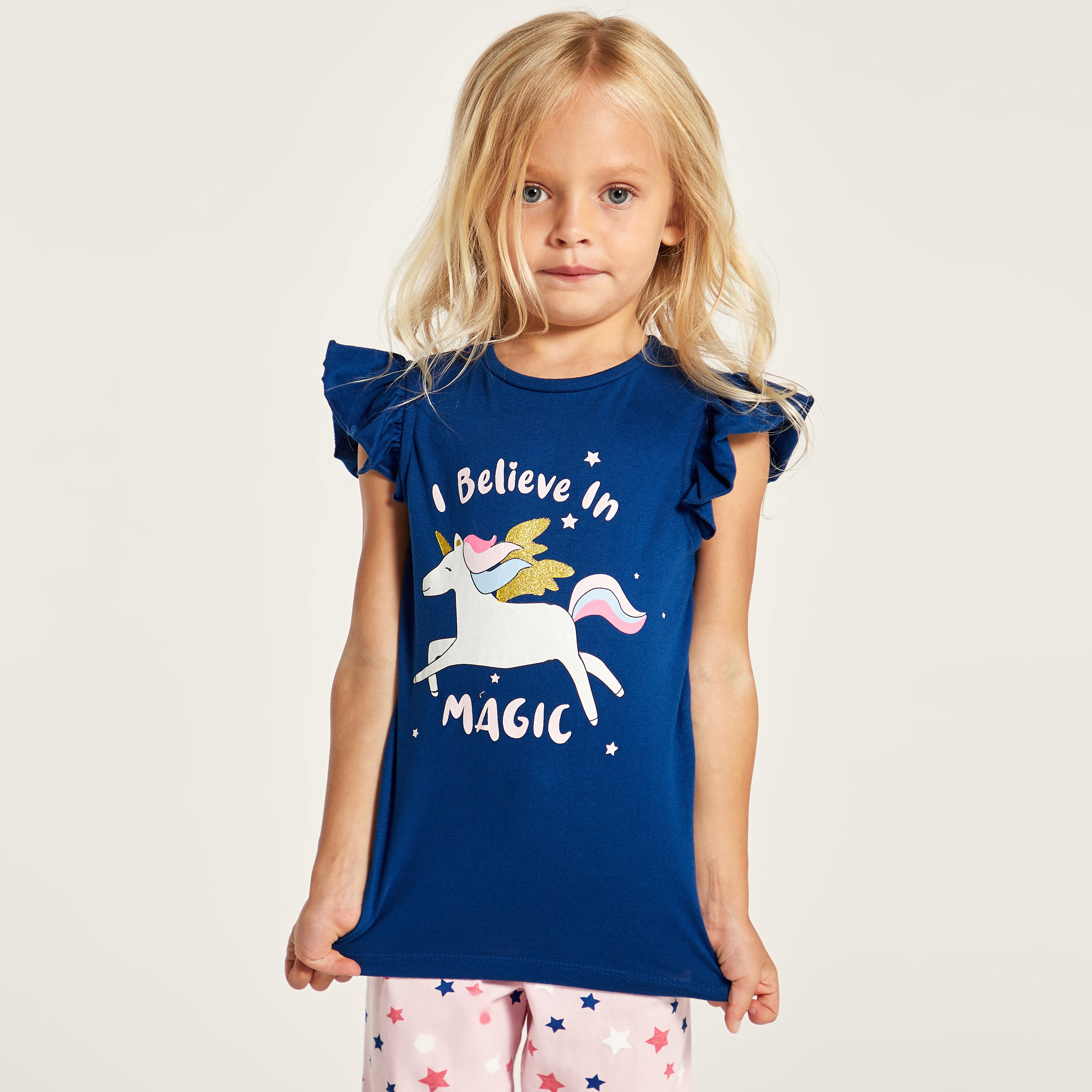 Juniors Unicorn Glitter Print Round Neck T-shirt and Pyjama Set-girls-clothing-nightwear-image-3