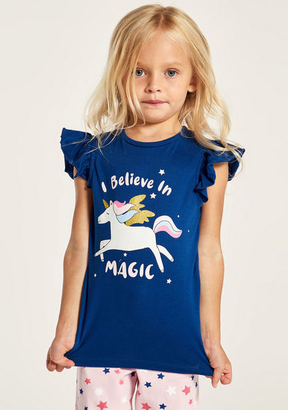 Juniors Unicorn Glitter Print Round Neck T-shirt and Pyjama Set-Nightwear-image-2