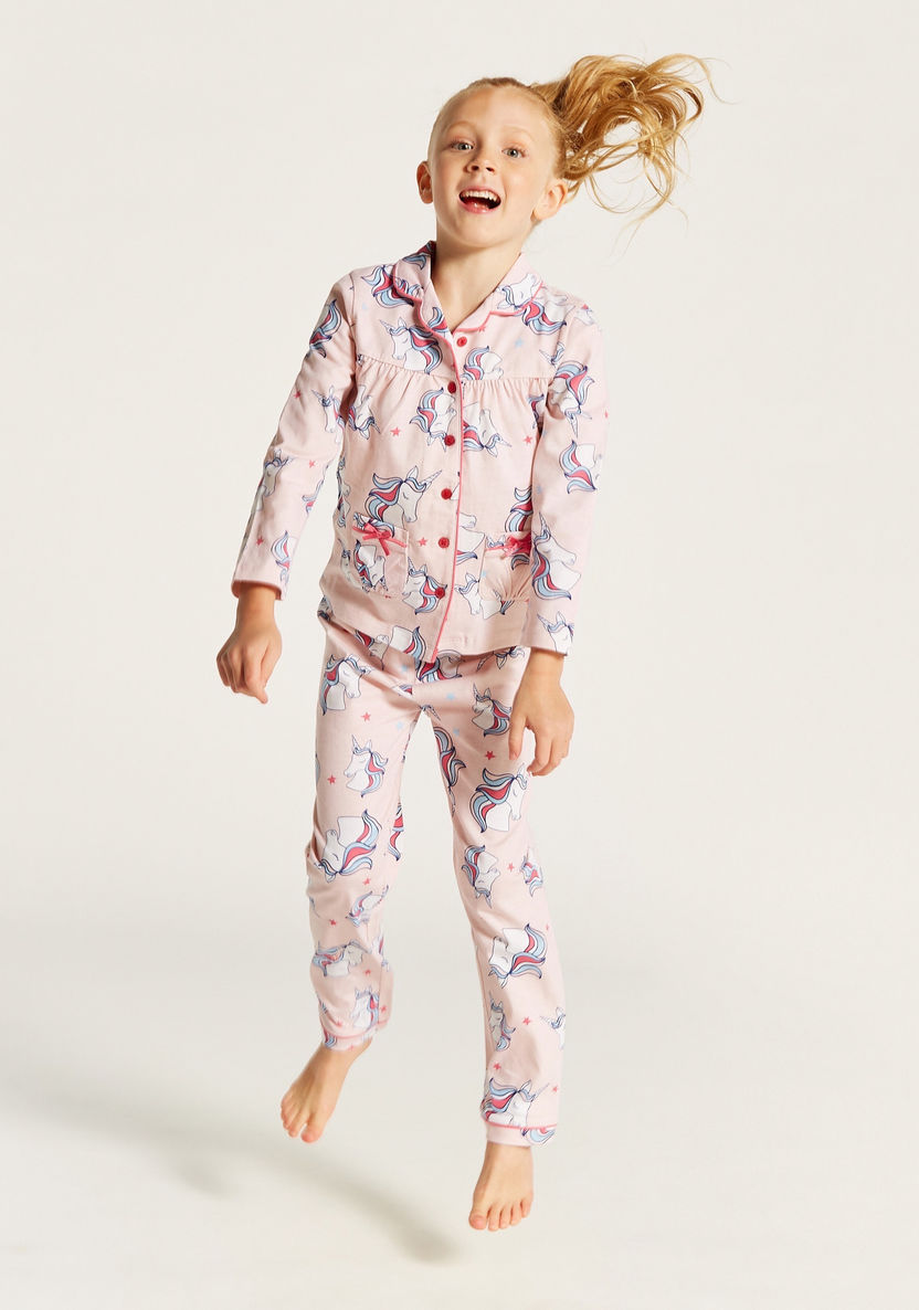 Juniors Unicorn Print Long Sleeve Shirt and Pyjama Set-Nightwear-image-1