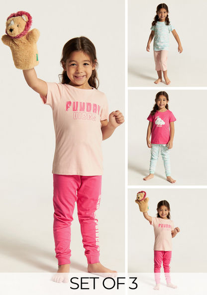 Juniors Printed Short Sleeves T-shirt and Pyjama - Set of 3-Nightwear-image-0