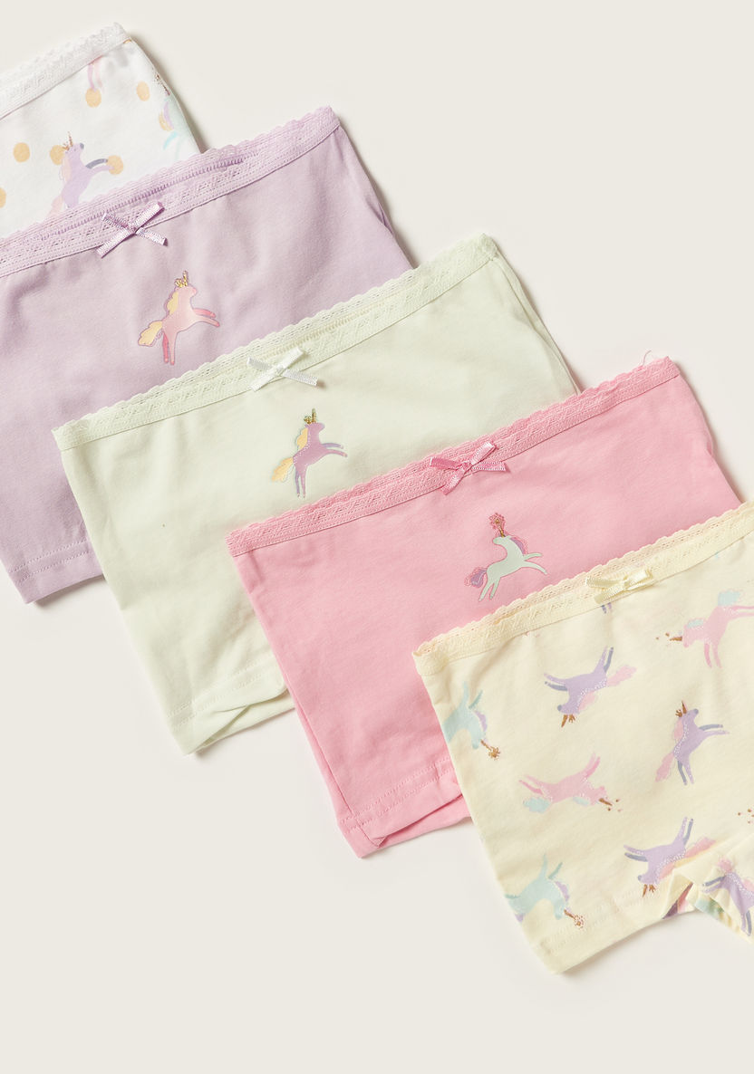 Juniors Unicorn Print Boxers with Elasticated Waistband and Bow Detail - Set of 5-Panties-image-1