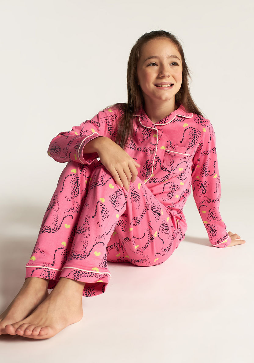 Juniors Leopard Print Shirt and Full Length Pyjama Set-Nightwear-image-0