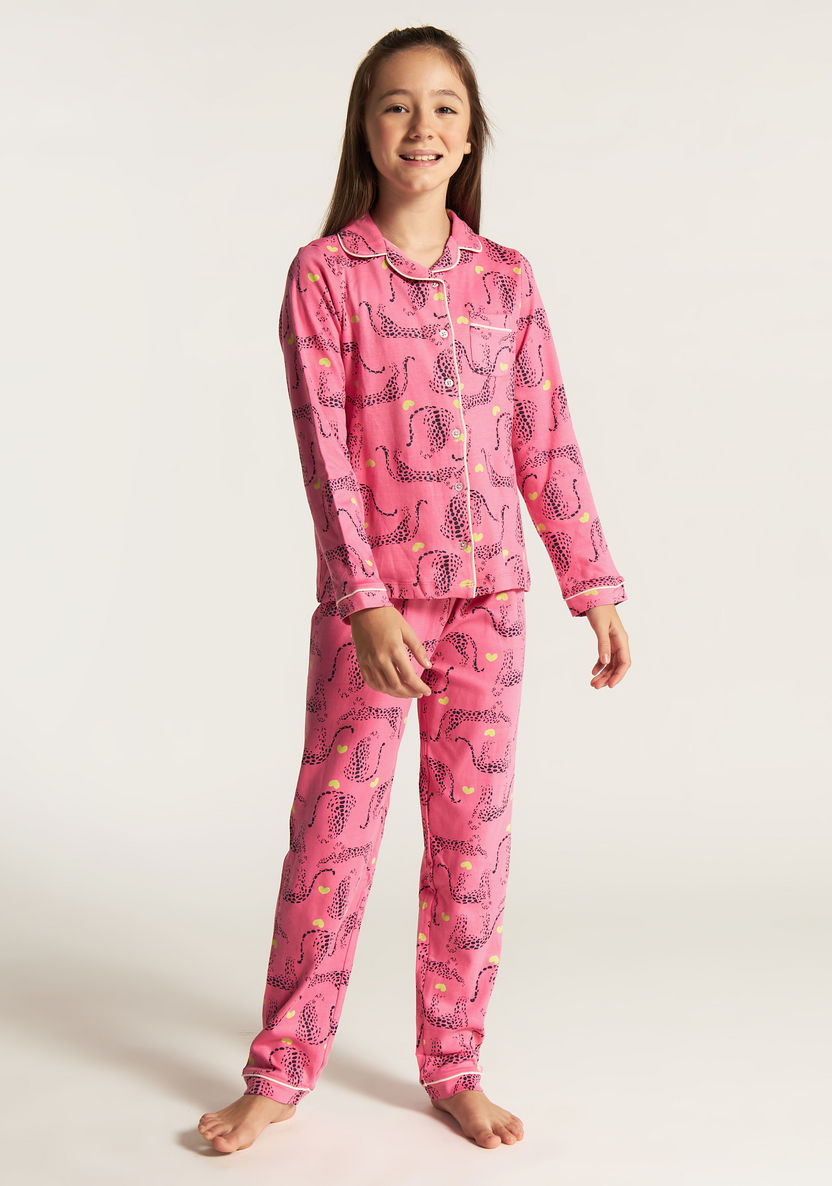 Juniors Leopard Print Shirt and Full Length Pyjama Set-Nightwear-image-1