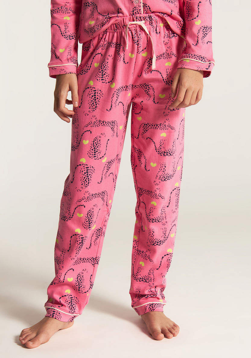 Juniors Leopard Print Shirt and Full Length Pyjama Set-Nightwear-image-3