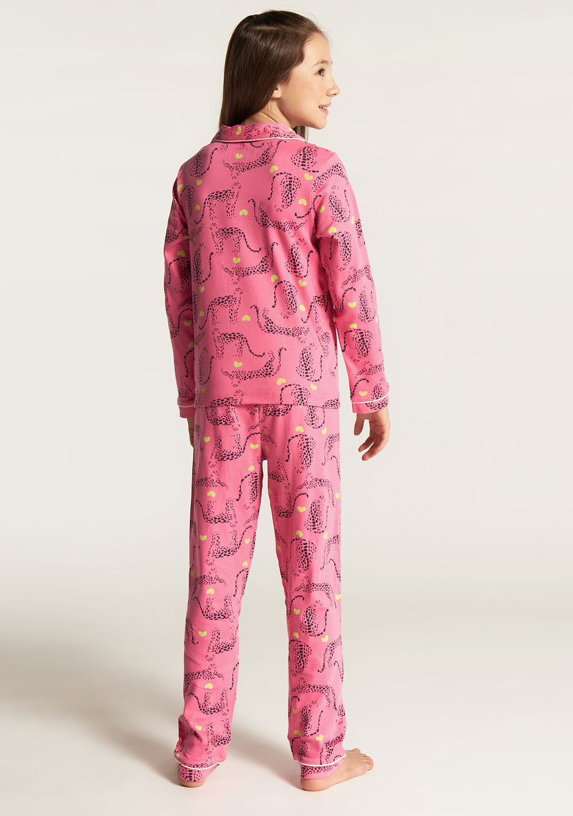 Juniors Leopard Print Shirt and Full Length Pyjama Set-Nightwear-image-4