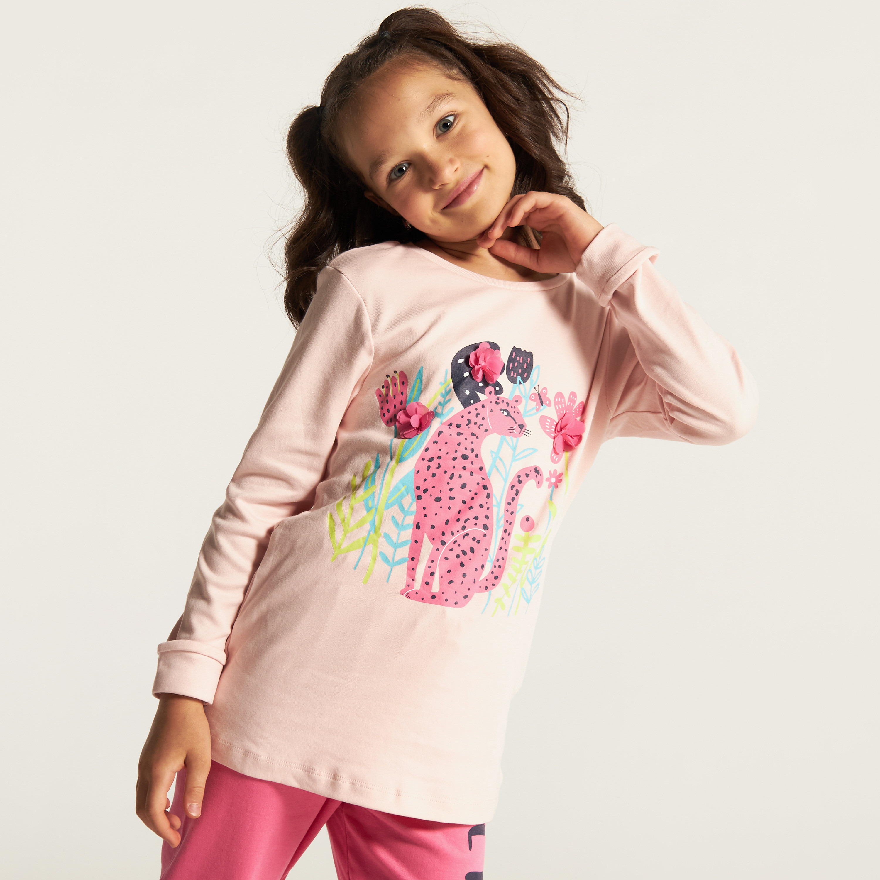 Juniors Printed Round Neck T-shirt and Pyjama Set-girls-clothing-nightwear-image-2