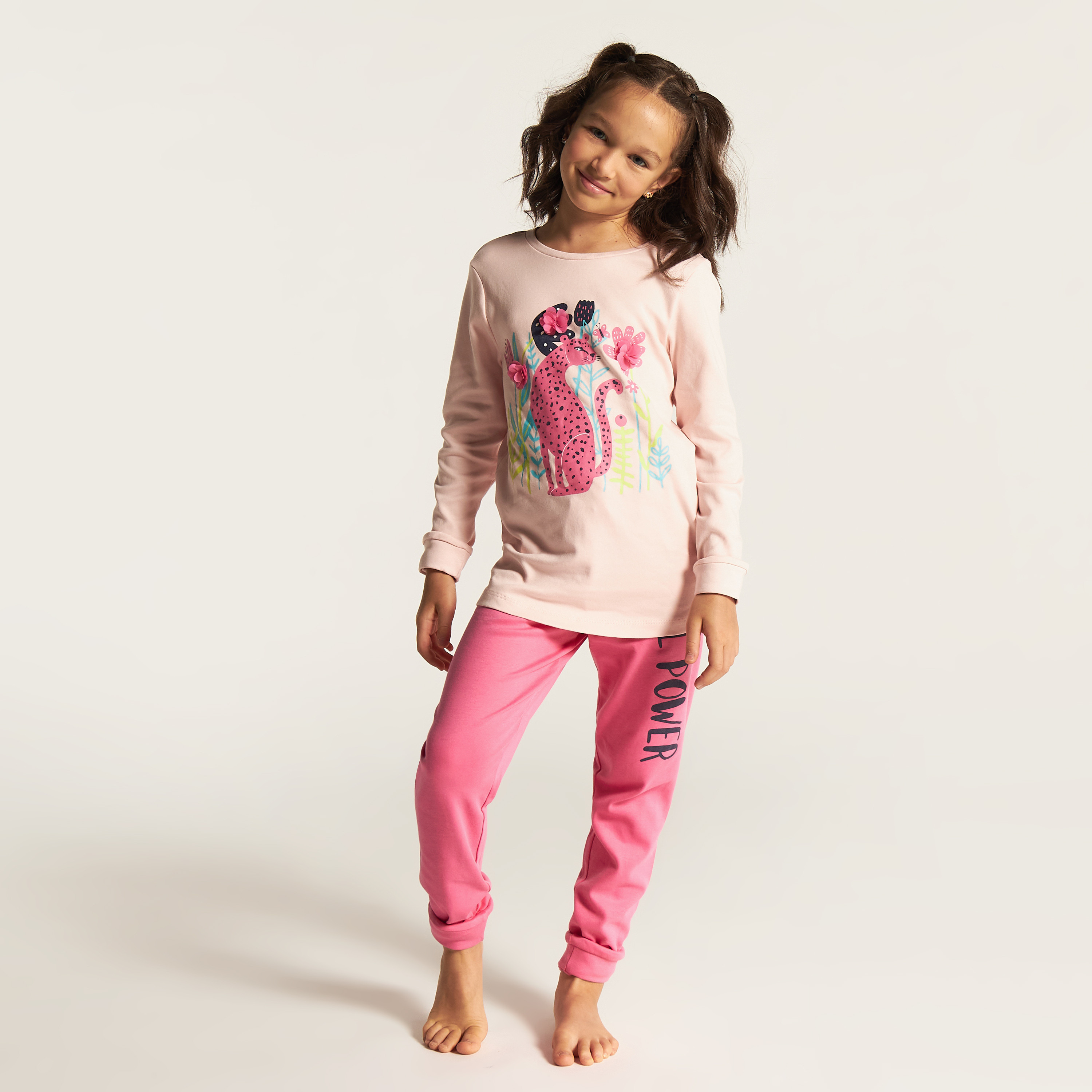 Juniors Printed Round Neck T-shirt and Pyjama Set-girls-clothing-nightwear-image-5