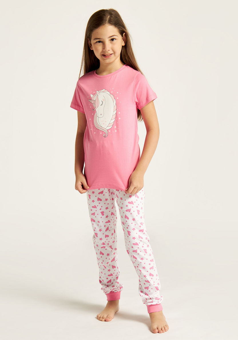 Juniors Unicorn Print Crew Neck T-shirt and Full Length Pyjama Set-Nightwear-image-1