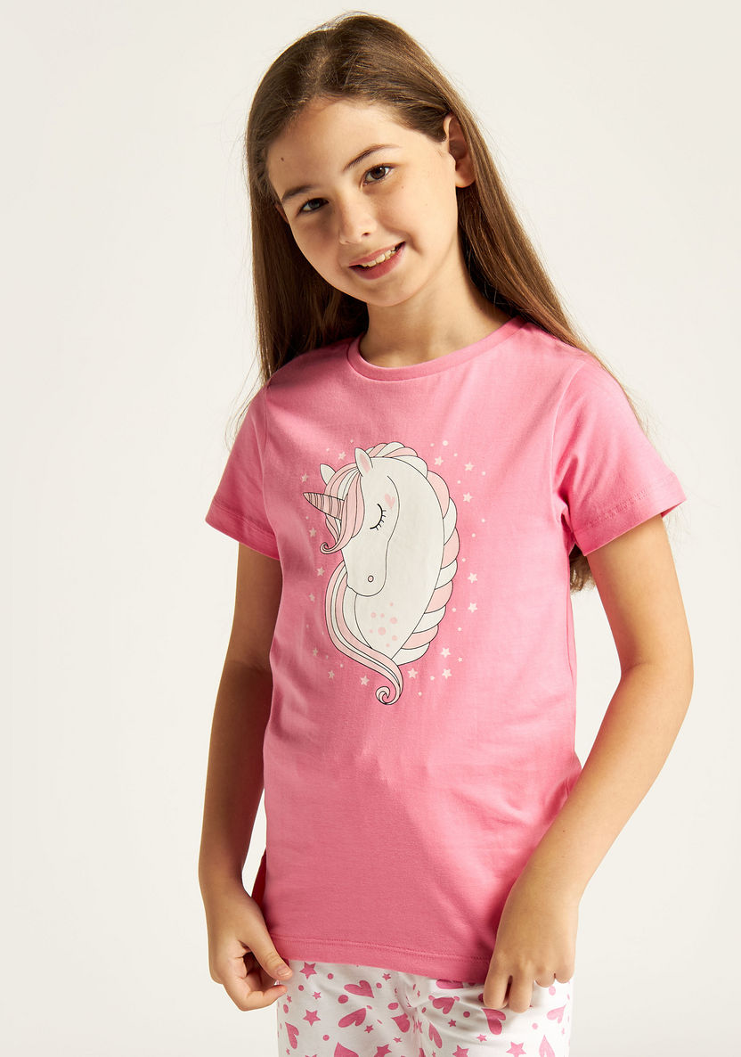 Juniors Unicorn Print Crew Neck T-shirt and Full Length Pyjama Set-Nightwear-image-2