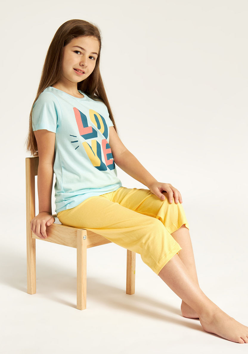 Juniors Typographic Print Round Neck T-shirt and Pyjama Set-Nightwear-image-0