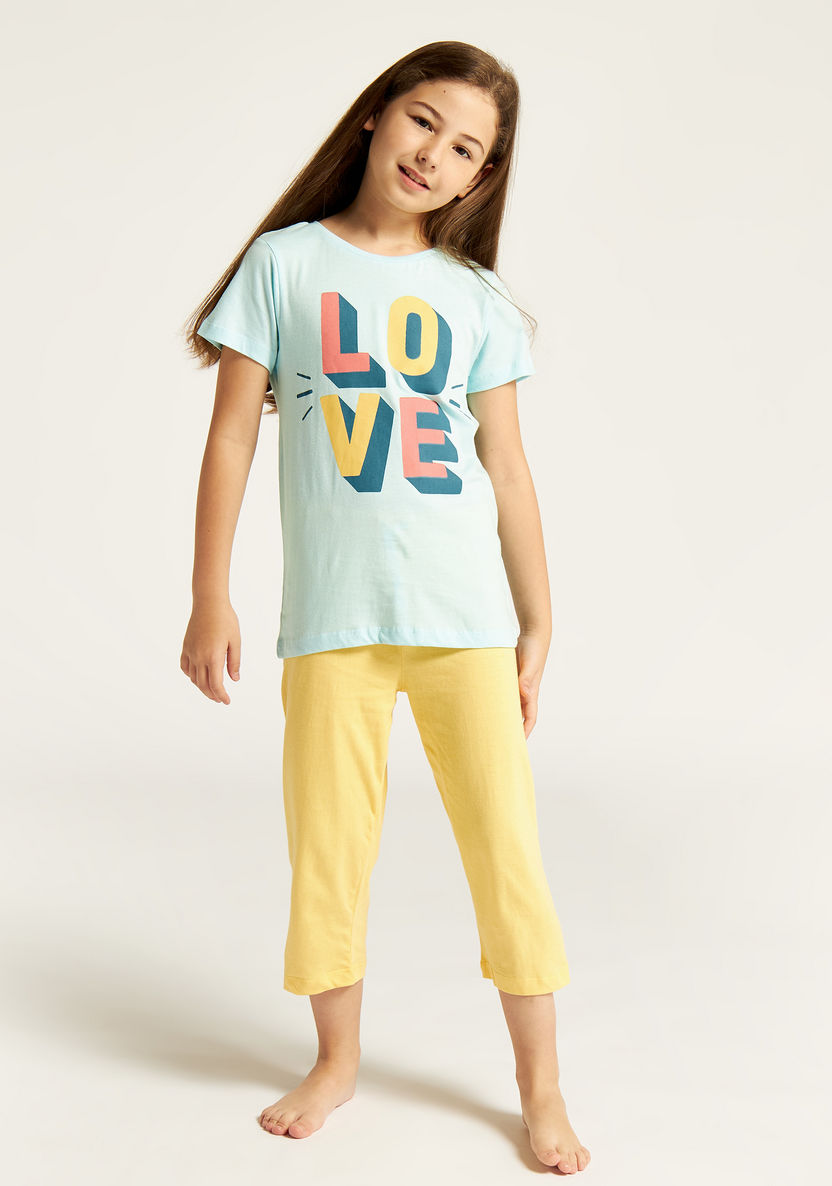 Juniors Typographic Print Round Neck T-shirt and Pyjama Set-Nightwear-image-1