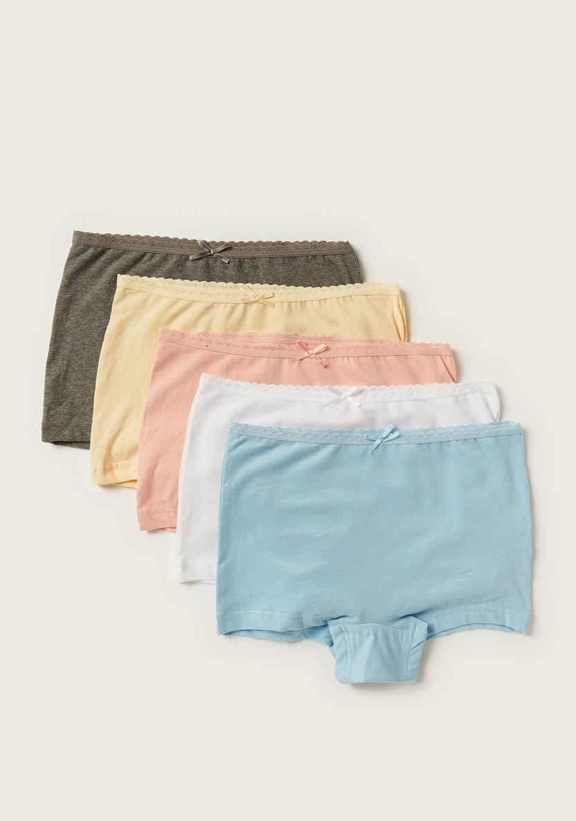 Juniors Solid Boxers with Elasticated Waistband and Bow Detail - Set of 5-Panties-image-0