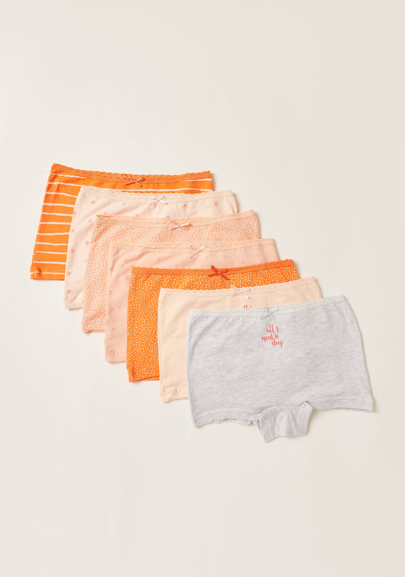 Juniors Printed Boyshorts with Elasticated Waistband and Bow Detail - Set of 7-Underwear and Socks-image-0