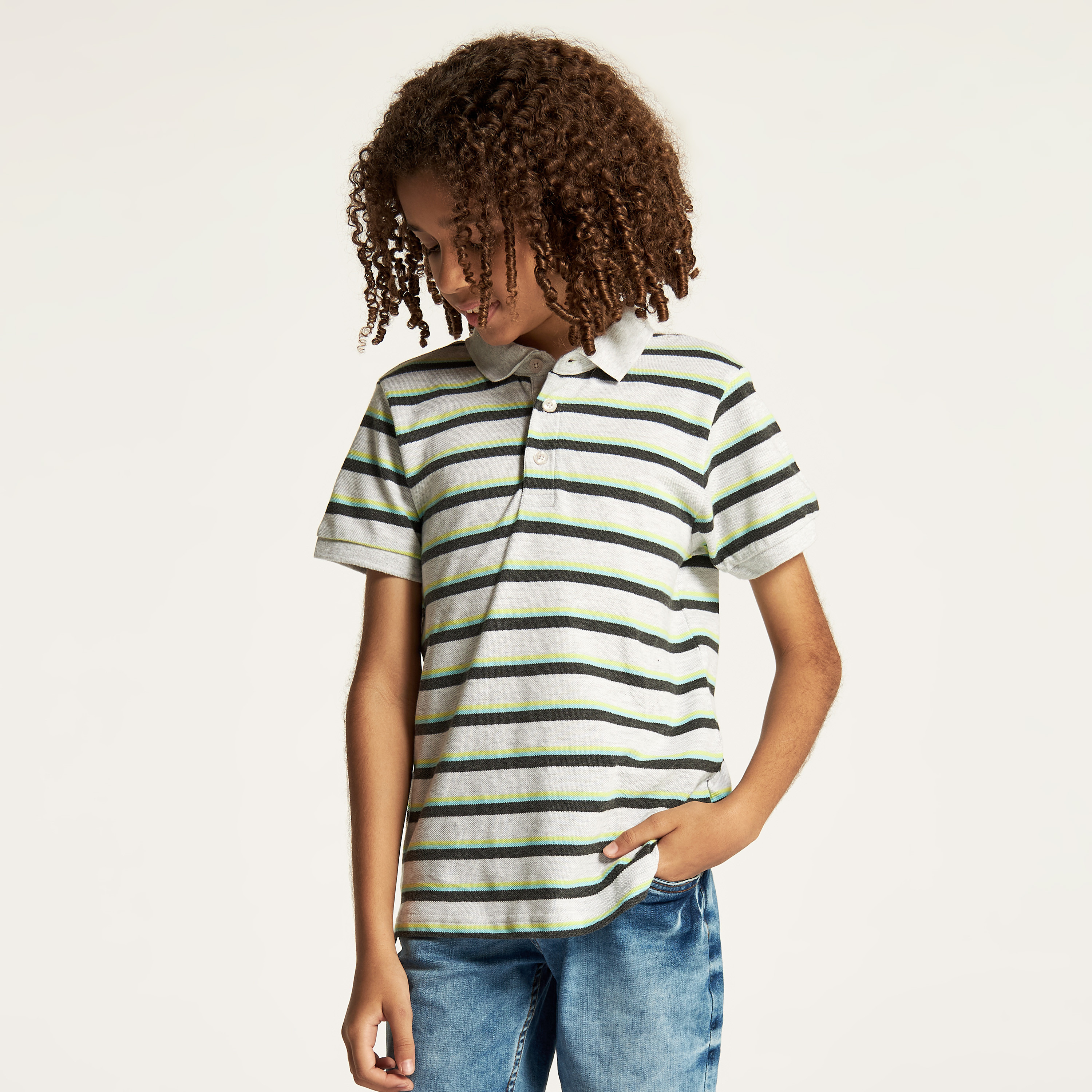 Juniors Striped Polo T-shirt with Short Sleeves and Button Closure-boys-clothing-tshirtsandpolos-image-1