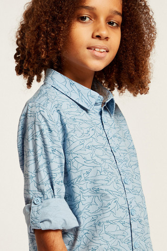 Juniors All Over Print Shirt with Long Sleeves and Button Placket