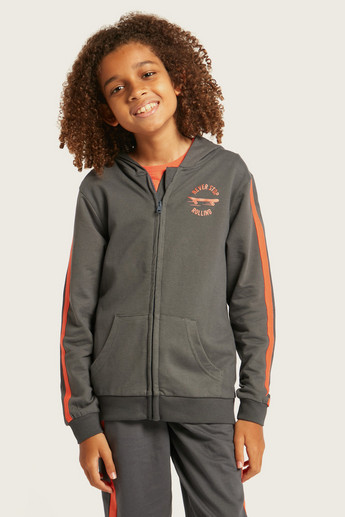 Juniors Printed Hooded Jacket with Long Sleeves and Pockets