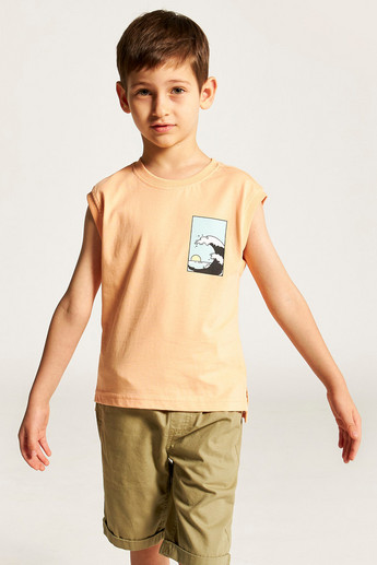 Juniors Graphic Print Sleeveless T-shirt with Round Neck