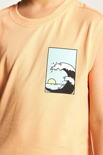 Juniors Graphic Print Sleeveless T-shirt with Round Neck