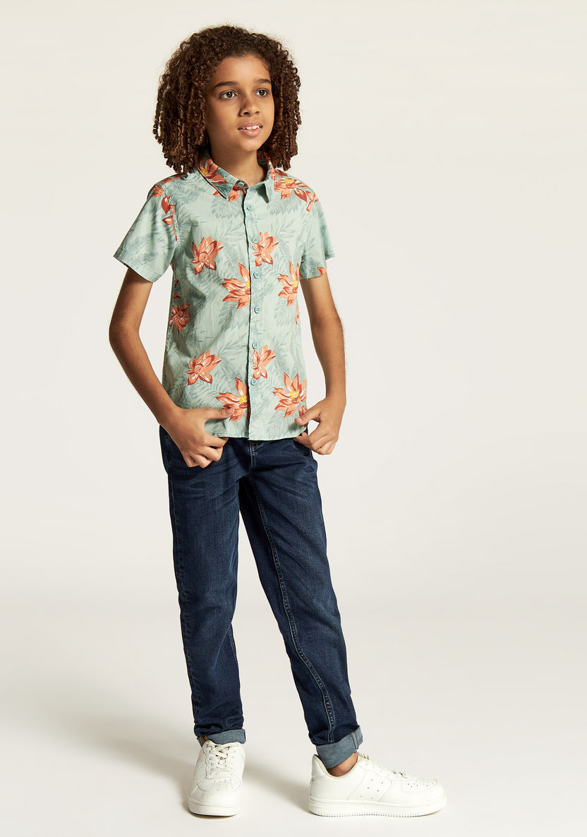 Juniors Tropical Print Shirt with Short Sleeves and Button Closure-Shirts-image-0