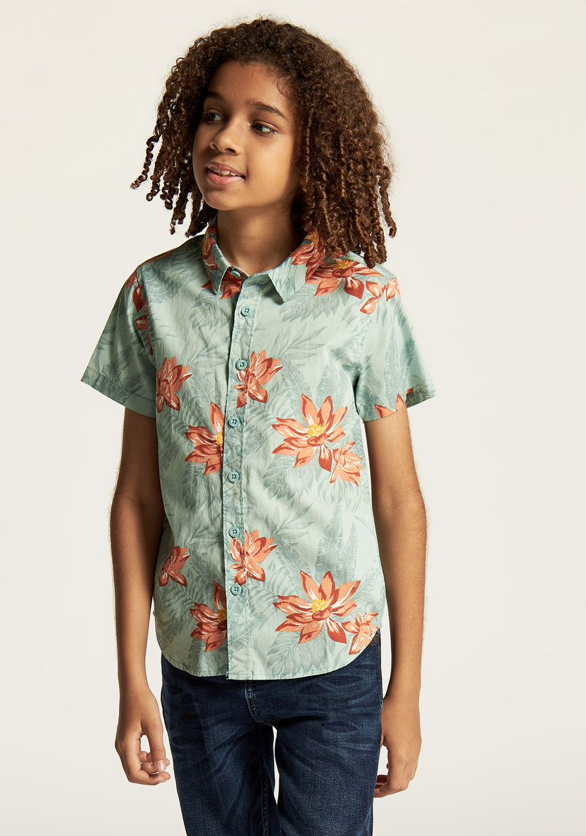 Juniors Tropical Print Shirt with Short Sleeves and Button Closure-Shirts-image-1