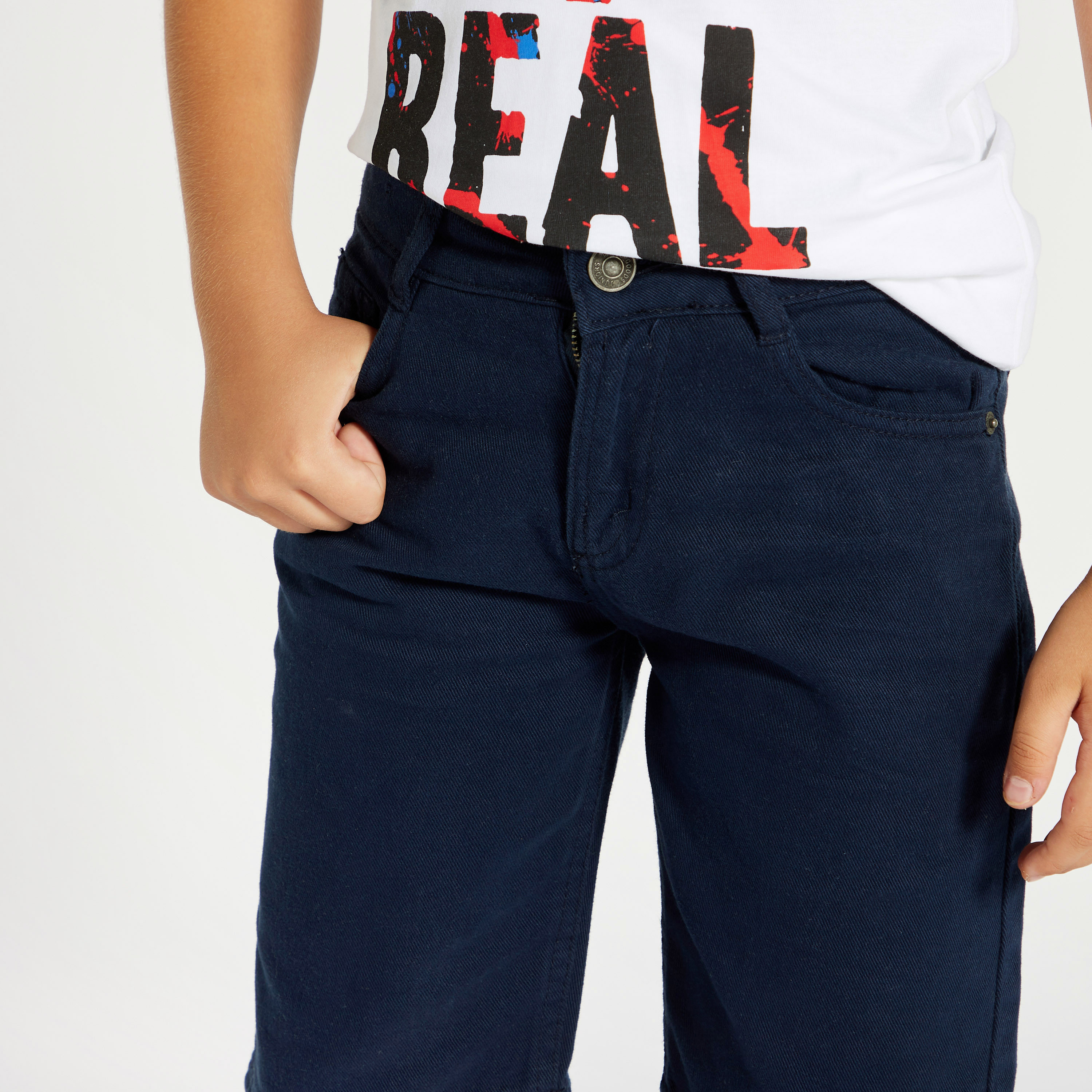 Juniors Solid Denim Shorts with Pockets and Button Closure-boys-clothing-bottoms-shorts-image-3