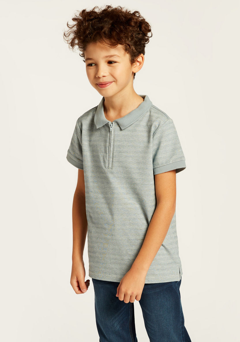 Juniors Striped Polo T-shirt with Short Sleeves and Zip Closure-T Shirts-image-1