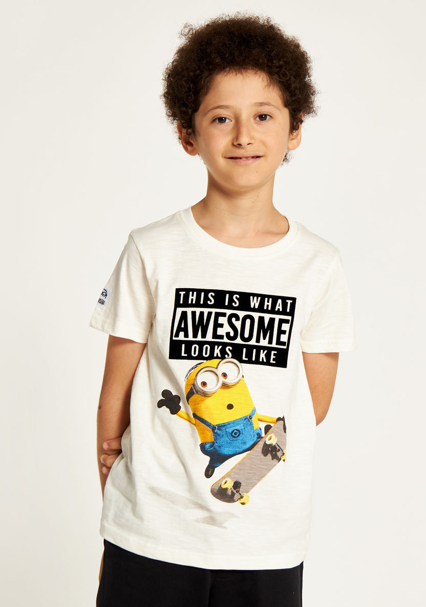 Minion Print Round Neck T-shirt with Short Sleeves-T Shirts-image-1