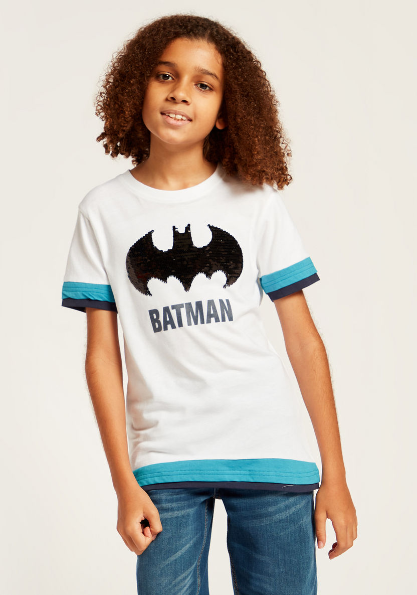 Batman Sequin Detail Graphic Printed T-shirt with Short Sleeves-T Shirts-image-0