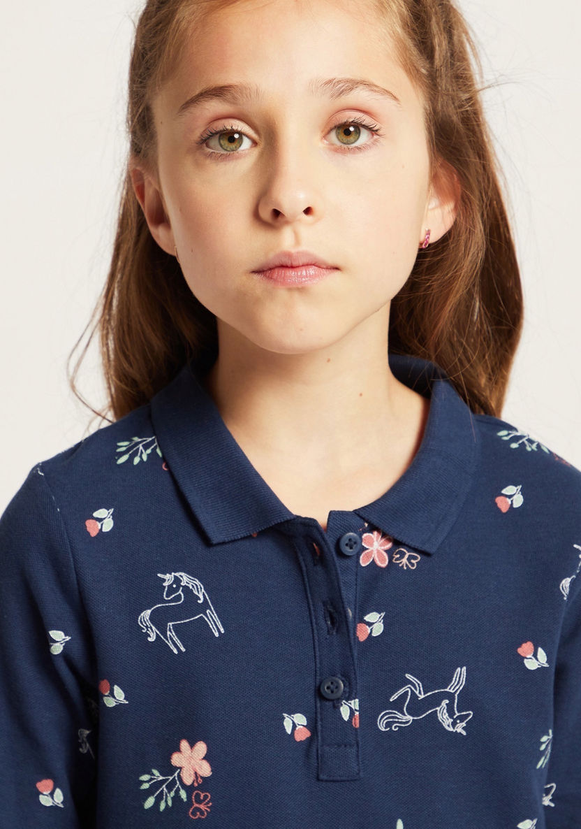 Juniors All-Over Printed T-shirt with Long Sleeves and Polo Neck-T Shirts-image-2