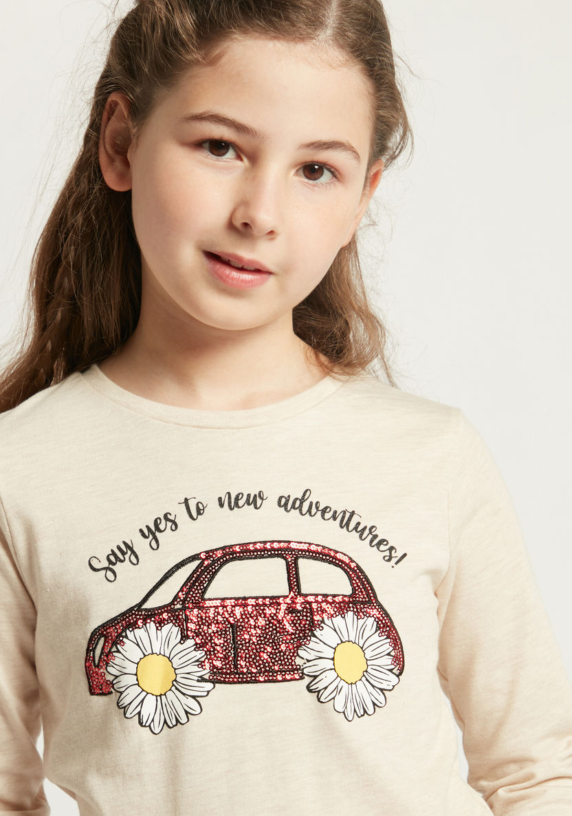 Juniors Graphic Print T-shirt with Long Sleeves and Sequin Detail-T Shirts-image-2
