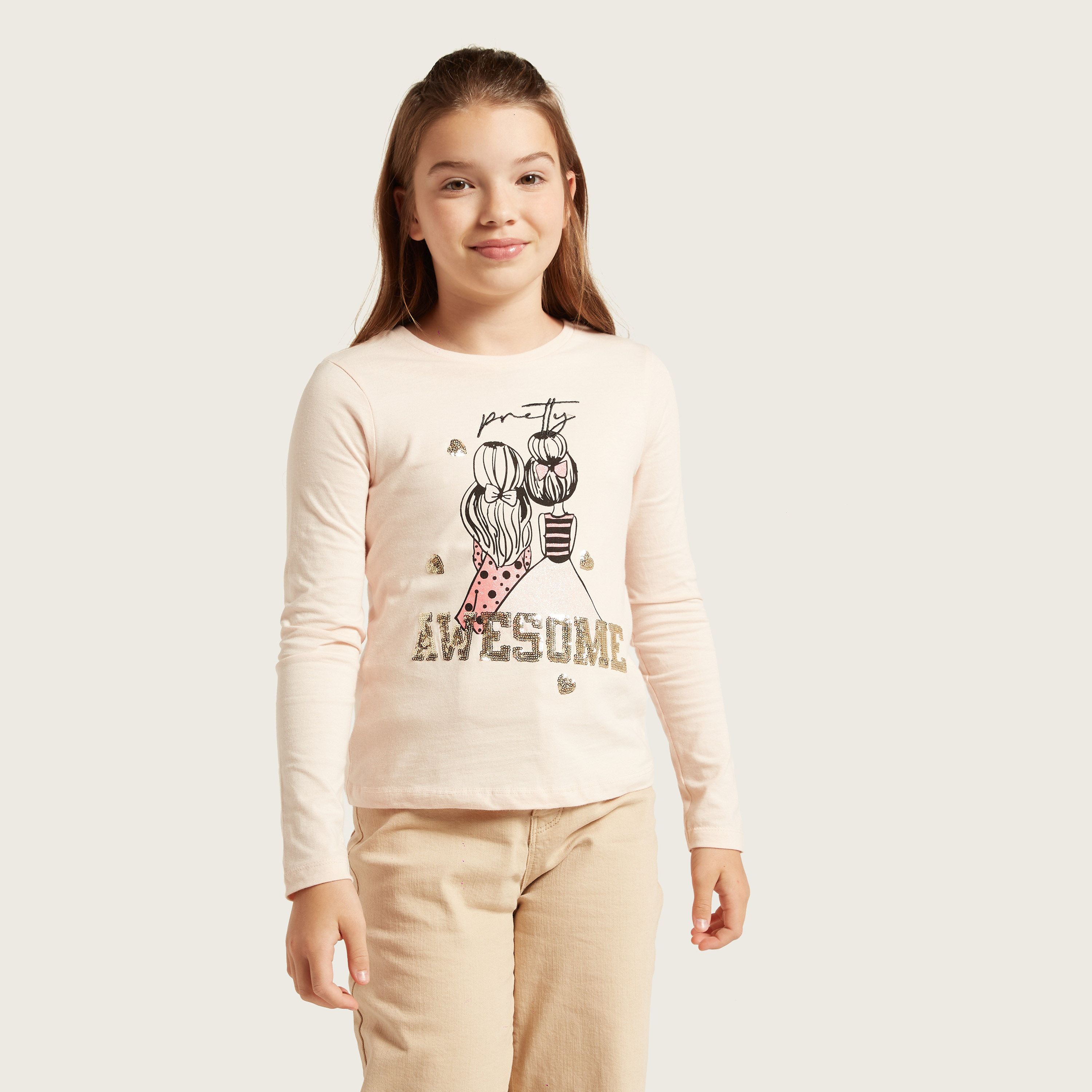 Juniors Graphic Print T-shirt with Long Sleeves-girls-clothing-schoolwear-tshirts-image-2