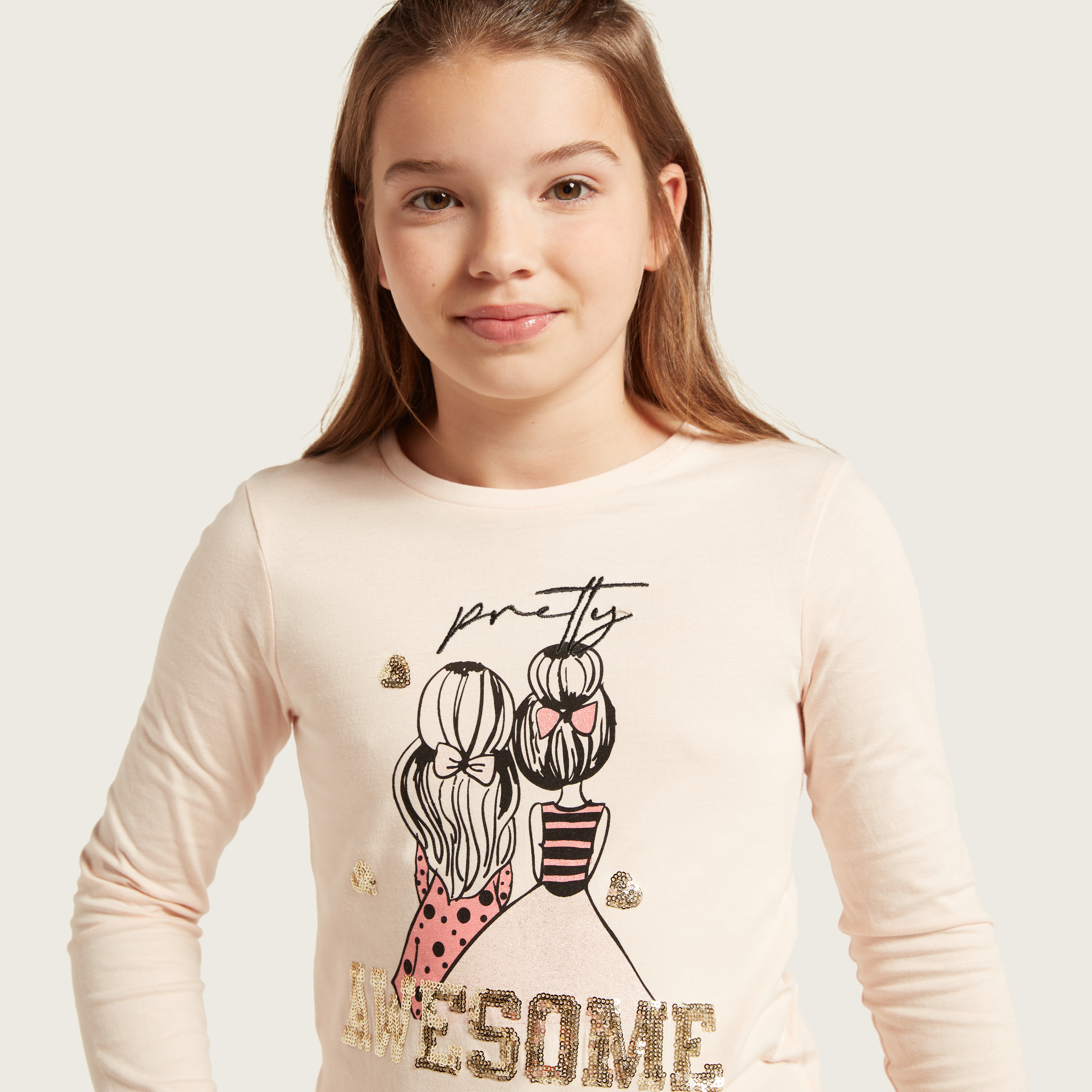 Juniors Graphic Print T-shirt with Long Sleeves-girls-clothing-schoolwear-tshirts-image-3