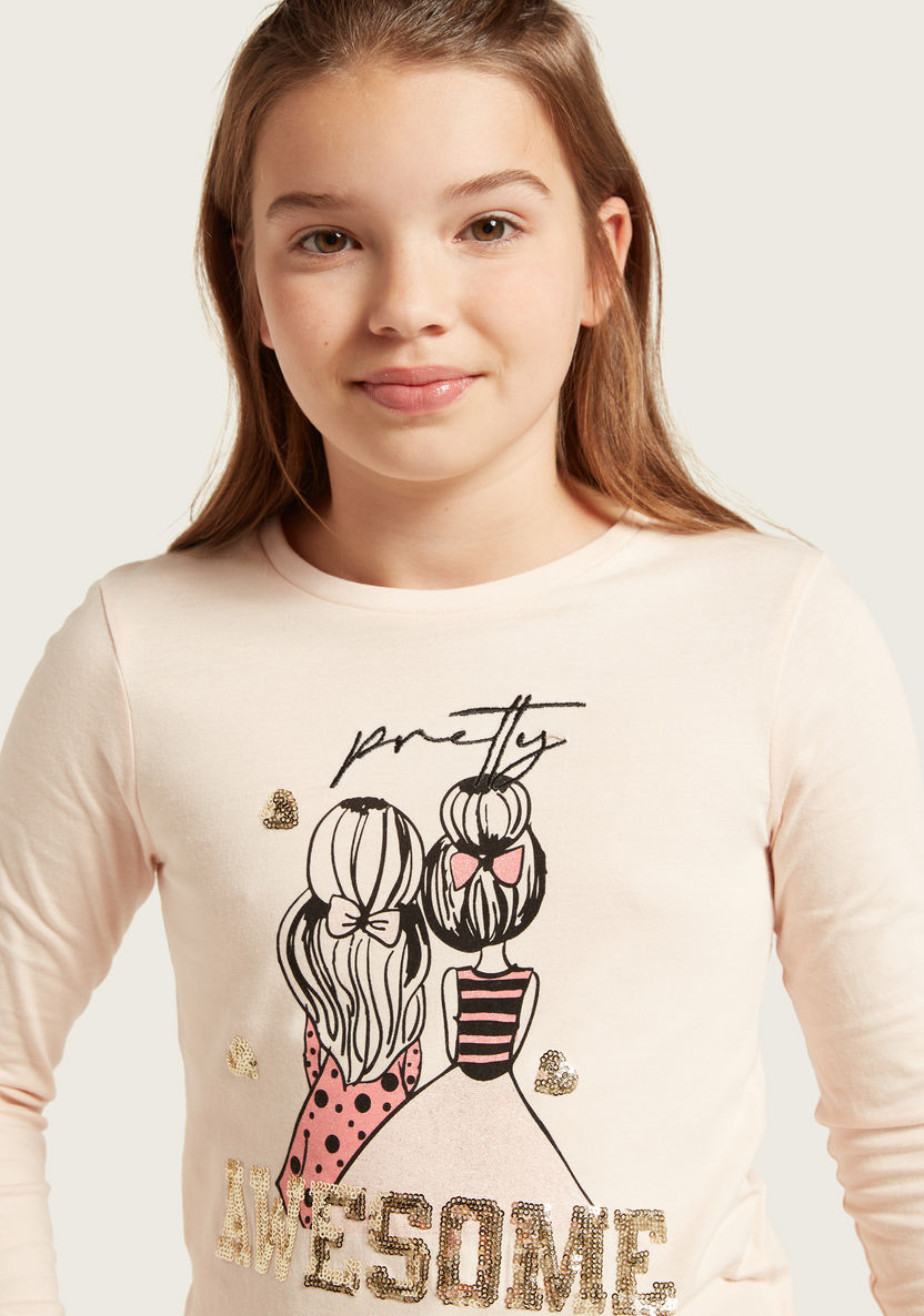 Juniors Graphic Print T-shirt with Long Sleeves-T Shirts-image-2