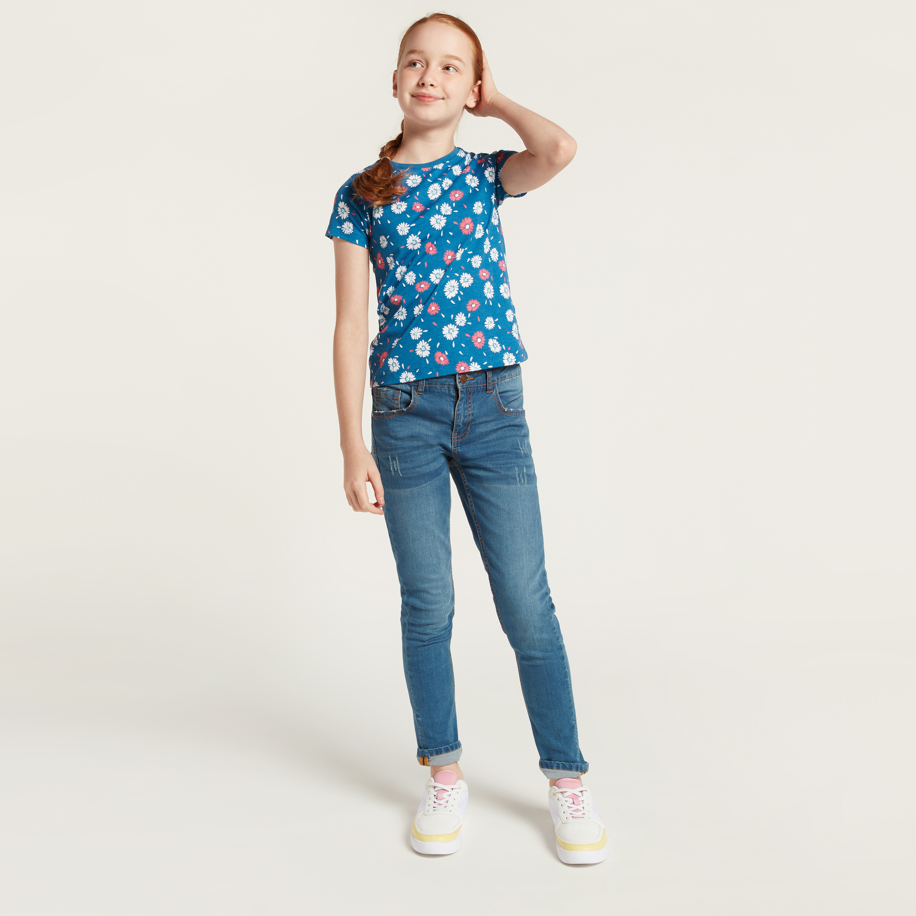 Juniors All Over Floral Print Crew Neck T-shirt with Short Sleeves-girls-clothing-schoolwear-tshirts-image-2