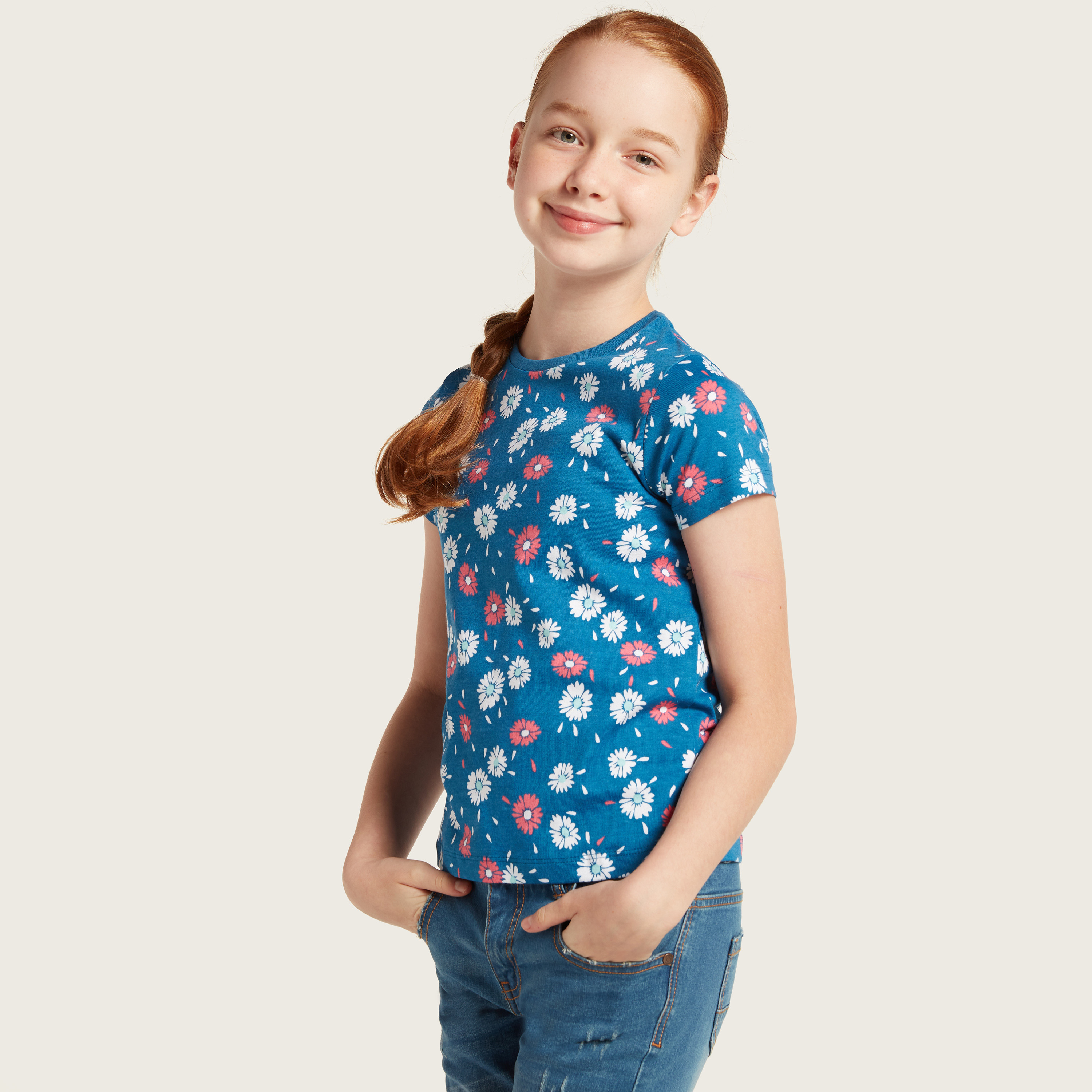 Juniors All Over Floral Print Crew Neck T-shirt with Short Sleeves-girls-clothing-schoolwear-tshirts-image-1